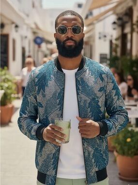 BARABAS Metallic Blue & Silver Floral Jacquard Bomber Zip Up Jacket - Size Small